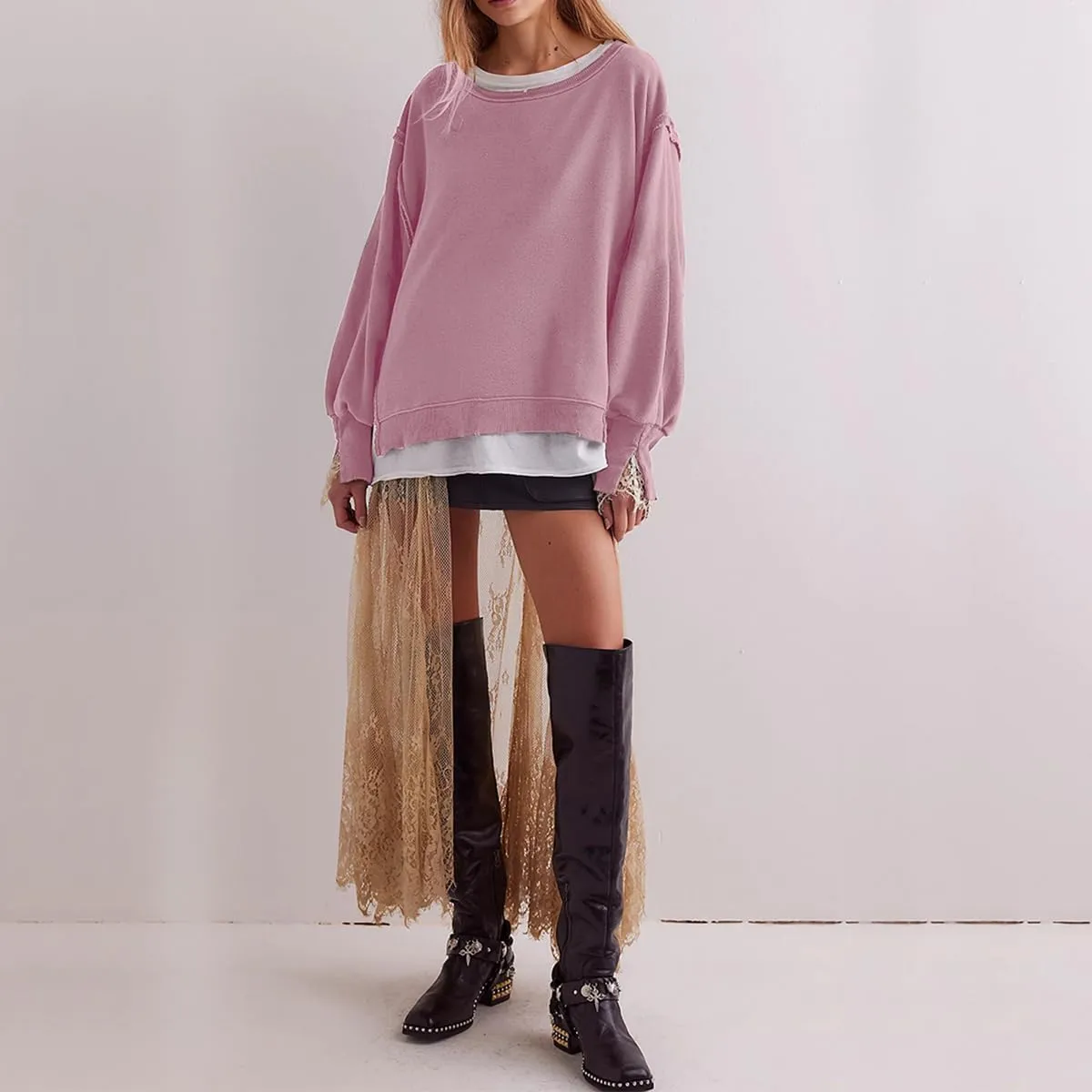 Women Loose Crewneck Cotton Sweatshirt Side Slit Long Sleeve Casual Pullover Sweatshirts for Women