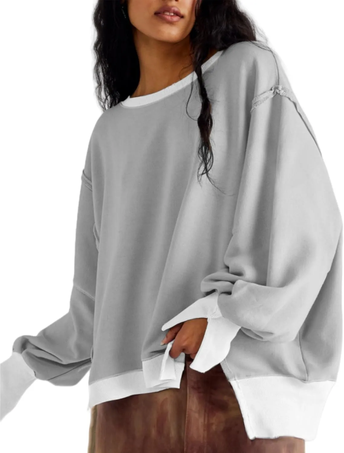 Women Loose Crewneck Cotton Sweatshirt Side Slit Long Sleeve Casual Pullover Sweatshirts for Women