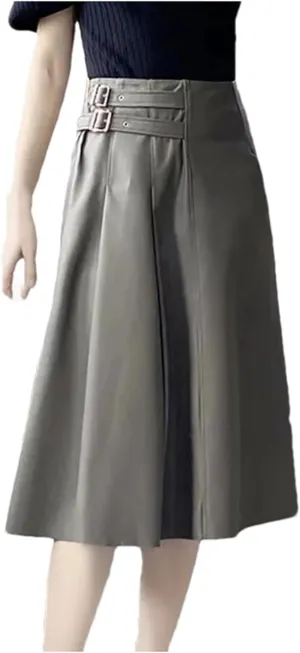 Women Mid-Length Leather Skirts High Waisted Sheepskin Buckle A-Line Asymmetric Pleated Leather Skirt