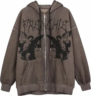 Women Oversized Zip Up Hoodie Sweatshirt Winter Fall Tops Long Sleeve Pullover Baggy Y2K Shirt Emo Punk Goth Clothes