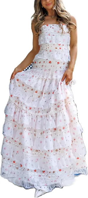Women Ruffle Tiered Floral Maxi Dresses Floral Lace Layered Maxi Dress Y2k Patchwork Lace Beach Casual Long Sundress