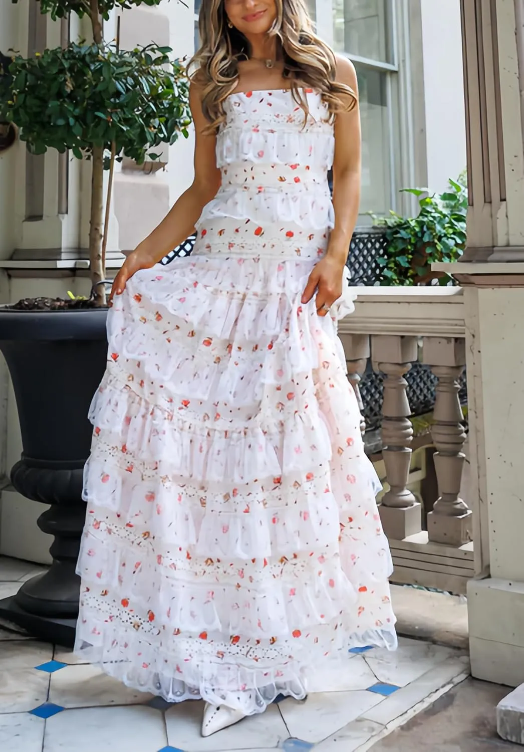 Women Ruffle Tiered Floral Maxi Dresses Floral Lace Layered Maxi Dress Y2k Patchwork Lace Beach Casual Long Sundress