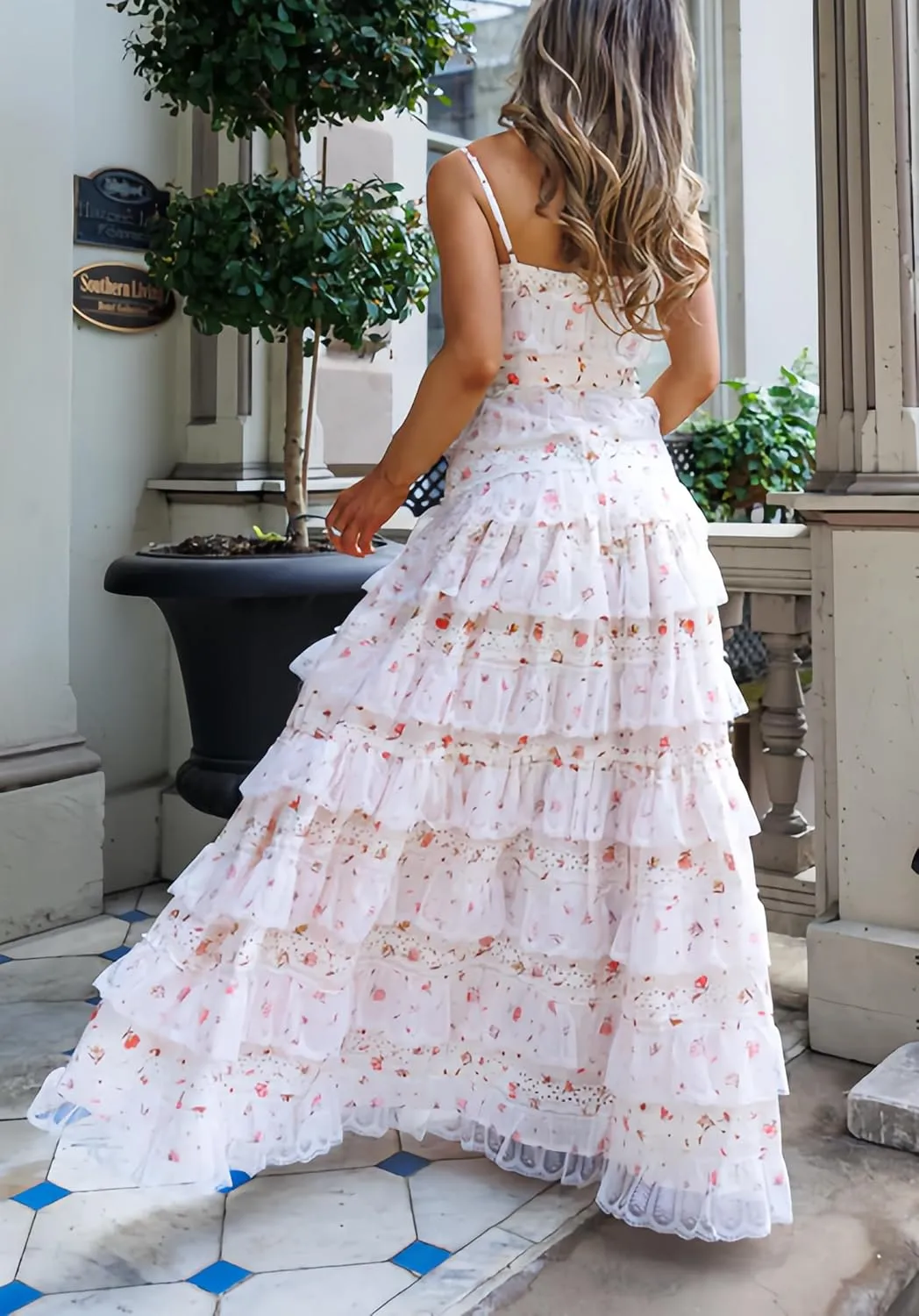 Women Ruffle Tiered Floral Maxi Dresses Floral Lace Layered Maxi Dress Y2k Patchwork Lace Beach Casual Long Sundress