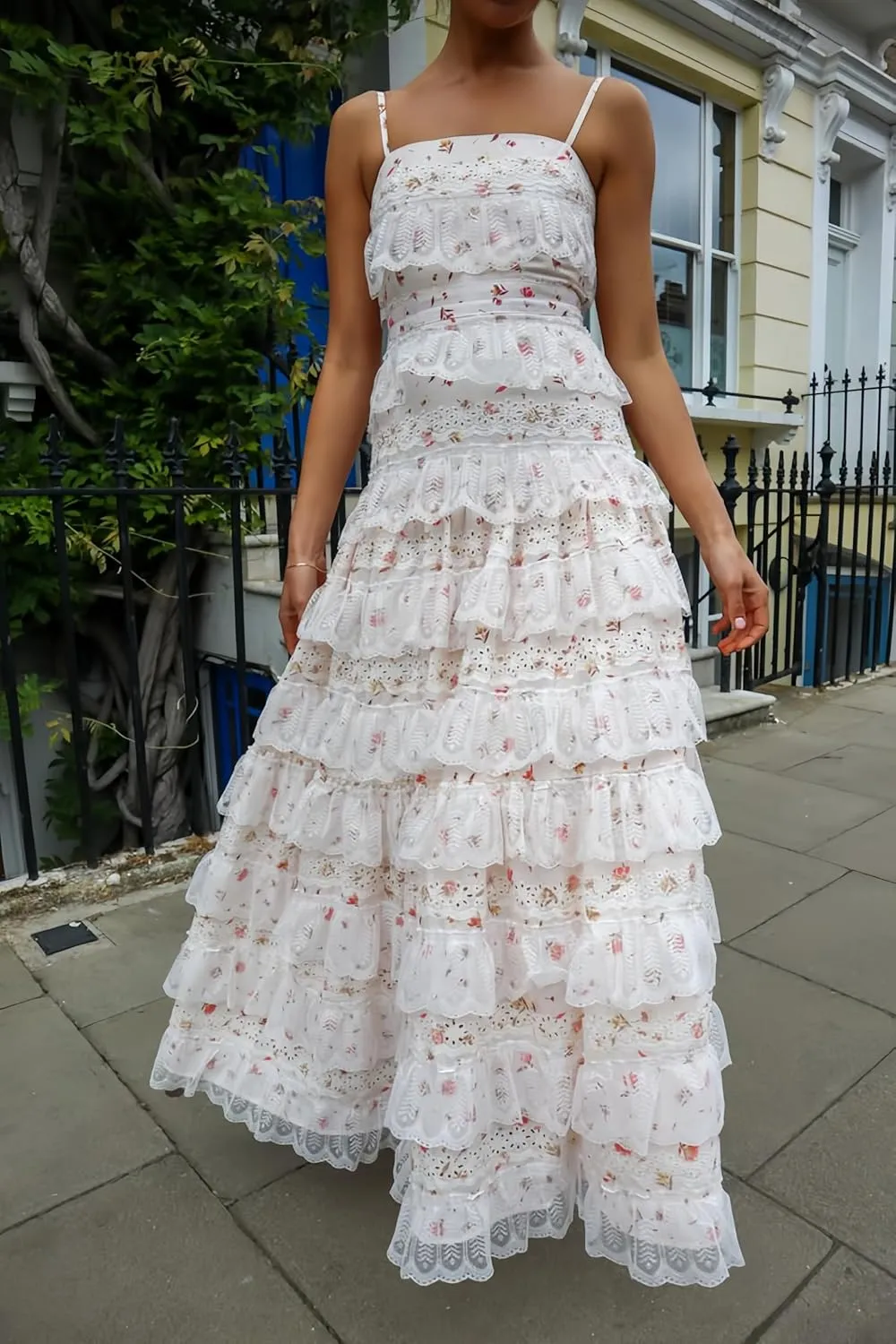 Women Ruffle Tiered Floral Maxi Dresses Floral Lace Layered Maxi Dress Y2k Patchwork Lace Beach Casual Long Sundress