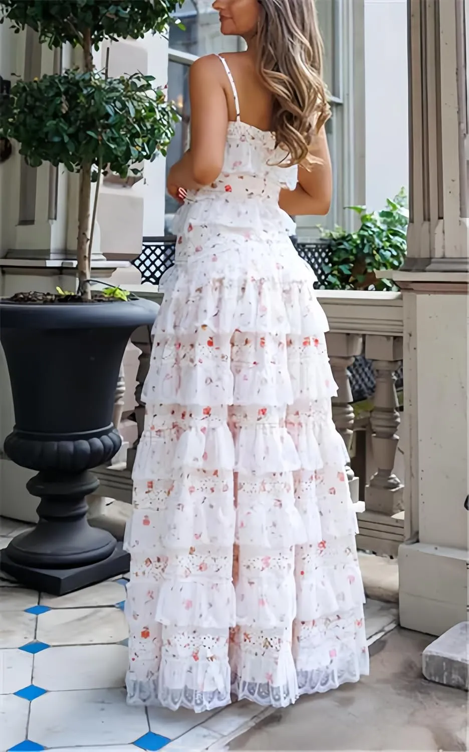 Women Ruffle Tiered Floral Maxi Dresses Floral Lace Layered Maxi Dress Y2k Patchwork Lace Beach Casual Long Sundress