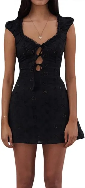 Women Sexy Lace Mini Dress Y2k Low Cut Spaghetti Strap Dress Square Neck Bodycon Cami Dress Summer Party Clubwear