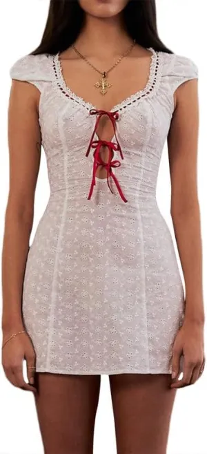 Women Sexy Lace Mini Dress Y2k Low Cut Spaghetti Strap Dress Square Neck Bodycon Cami Dress Summer Party Clubwear