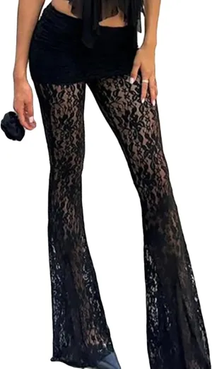 Women Sexy Lace See Through Pants Sheer Mesh Low Waist Stretchy Slim Trouser Hollow Out Skinny Leggings