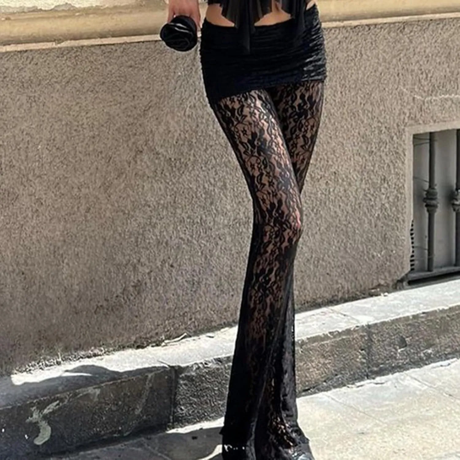 Women Sexy Lace See Through Pants Sheer Mesh Low Waist Stretchy Slim Trouser Hollow Out Skinny Leggings