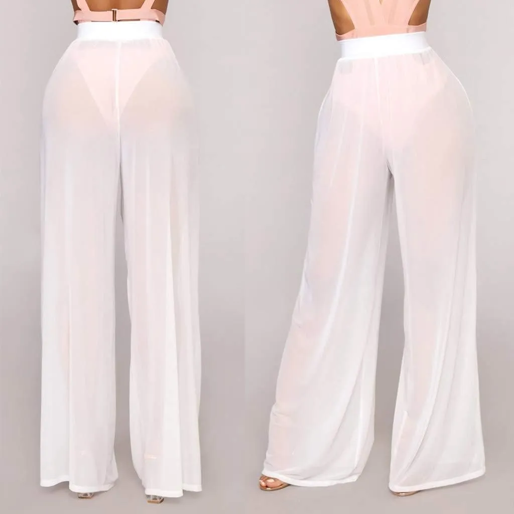 Women Sexy See Through Sheer Mesh Loose Bottoms, Swimsuit Bikini Cover Up, High Waist Wide Leg Pant