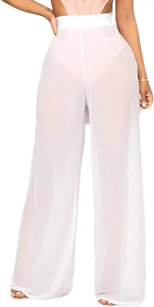 Women Sexy See Through Sheer Mesh Loose Bottoms, Swimsuit Bikini Cover Up, High Waist Wide Leg Pant