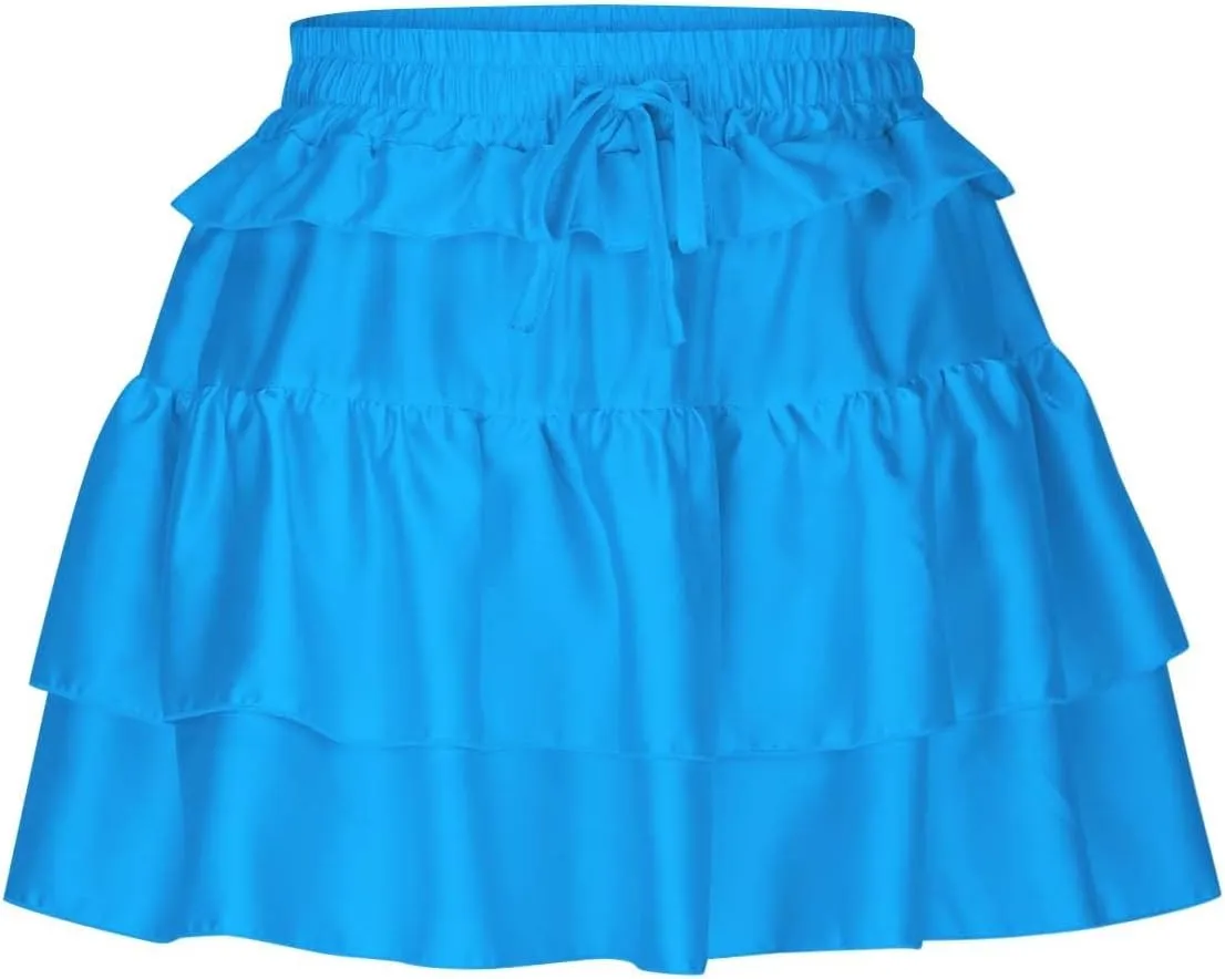 Women Tiered Layer Ruffle Hem Mini Skirt, High Waisted Elastic Drawstring Streetwear Trendy Clothes Club Party Skirts