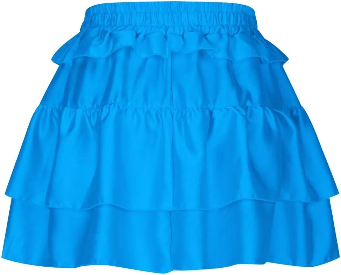 Women Tiered Layer Ruffle Hem Mini Skirt, High Waisted Elastic Drawstring Streetwear Trendy Clothes Club Party Skirts