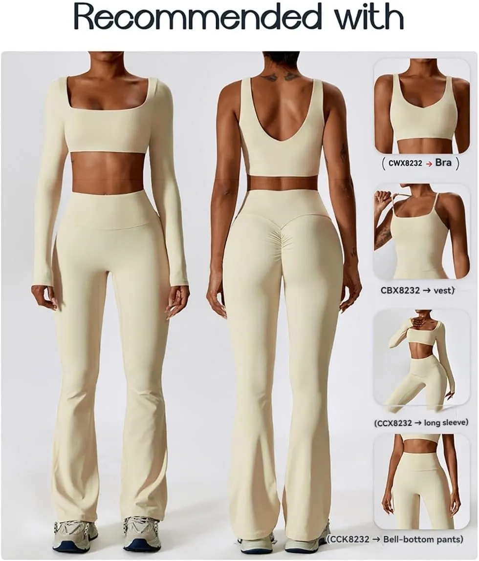 Women Two Piece Solid Sportswear Top and Flared Leggings Set Yoga Wear Set
