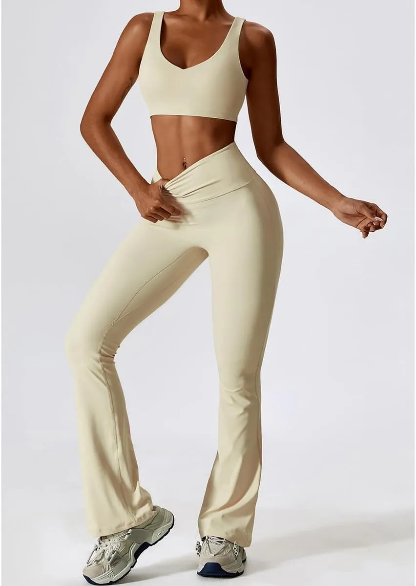 Women Two Piece Solid Sportswear Top and Flared Leggings Set Yoga Wear Set