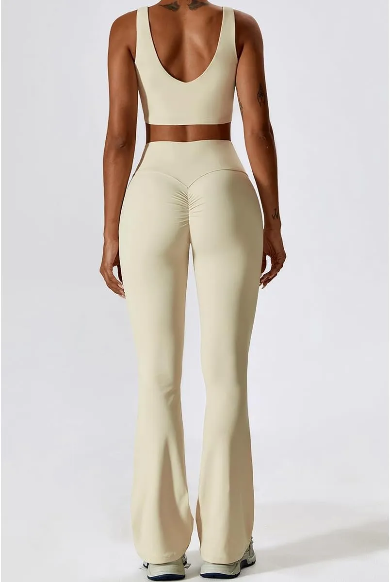 Women Two Piece Solid Sportswear Top and Flared Leggings Set Yoga Wear Set