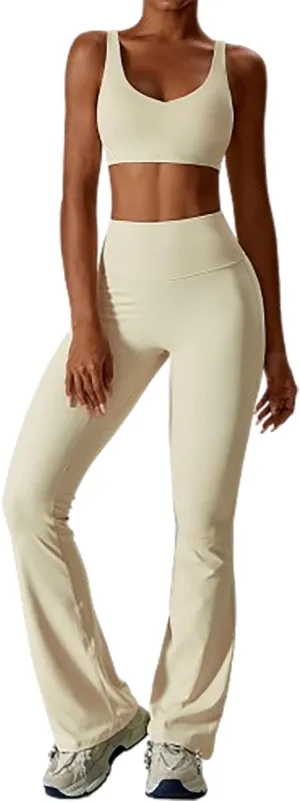 Women Two Piece Solid Sportswear Top and Flared Leggings Set Yoga Wear Set