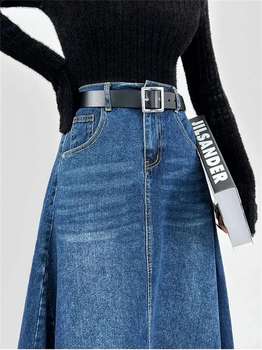 Women Vintage Denim Skirt Half-Length Skirt for A-Line Loose High-Waisted Floor-Length Skirt