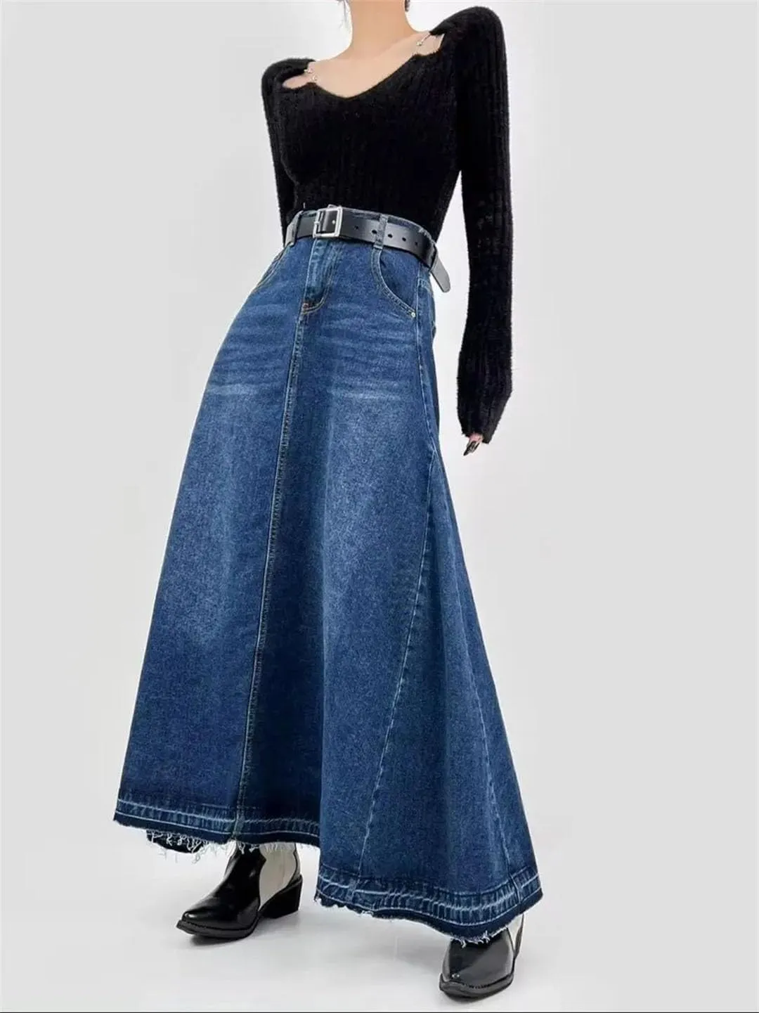 Women Vintage Denim Skirt Half-Length Skirt for A-Line Loose High-Waisted Floor-Length Skirt