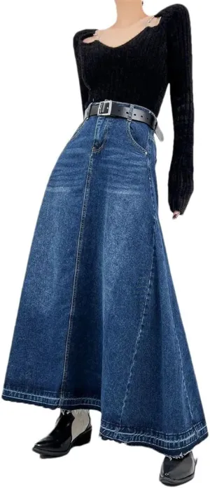 Women Vintage Denim Skirt Half-Length Skirt for A-Line Loose High-Waisted Floor-Length Skirt