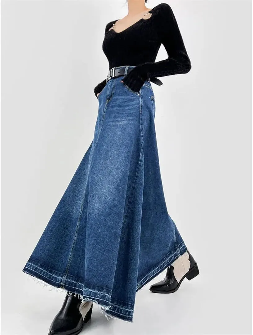 Women Vintage Denim Skirt Half-Length Skirt for A-Line Loose High-Waisted Floor-Length Skirt