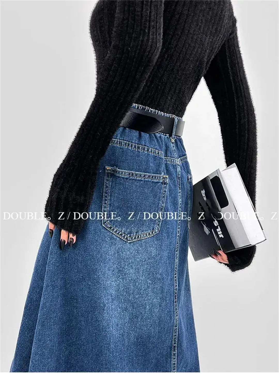 Women Vintage Denim Skirt Half-Length Skirt for A-Line Loose High-Waisted Floor-Length Skirt