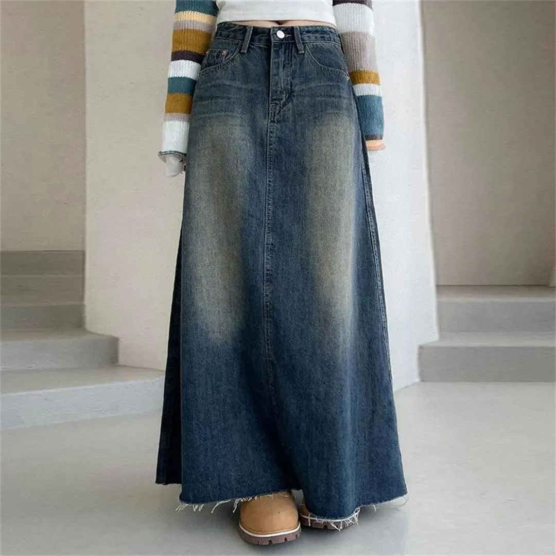 Women Vintage Washing Denim Skirt High Waisted Maxi Skirts Streetwear Long Jean Skirt
