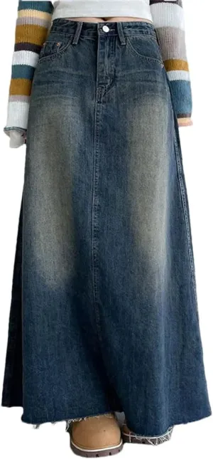 Women Vintage Washing Denim Skirt High Waisted Maxi Skirts Streetwear Long Jean Skirt