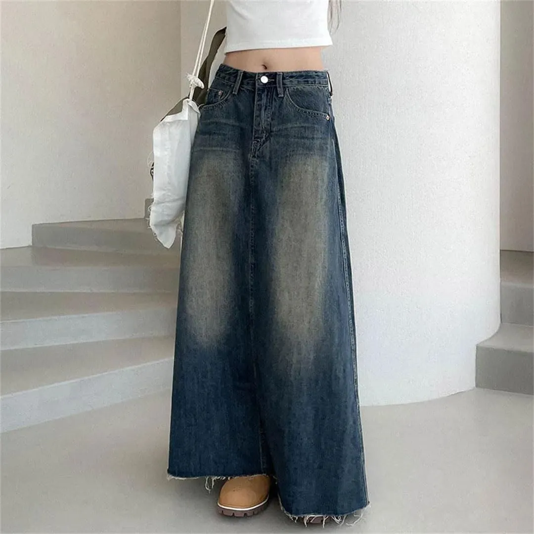 Women Vintage Washing Denim Skirt High Waisted Maxi Skirts Streetwear Long Jean Skirt