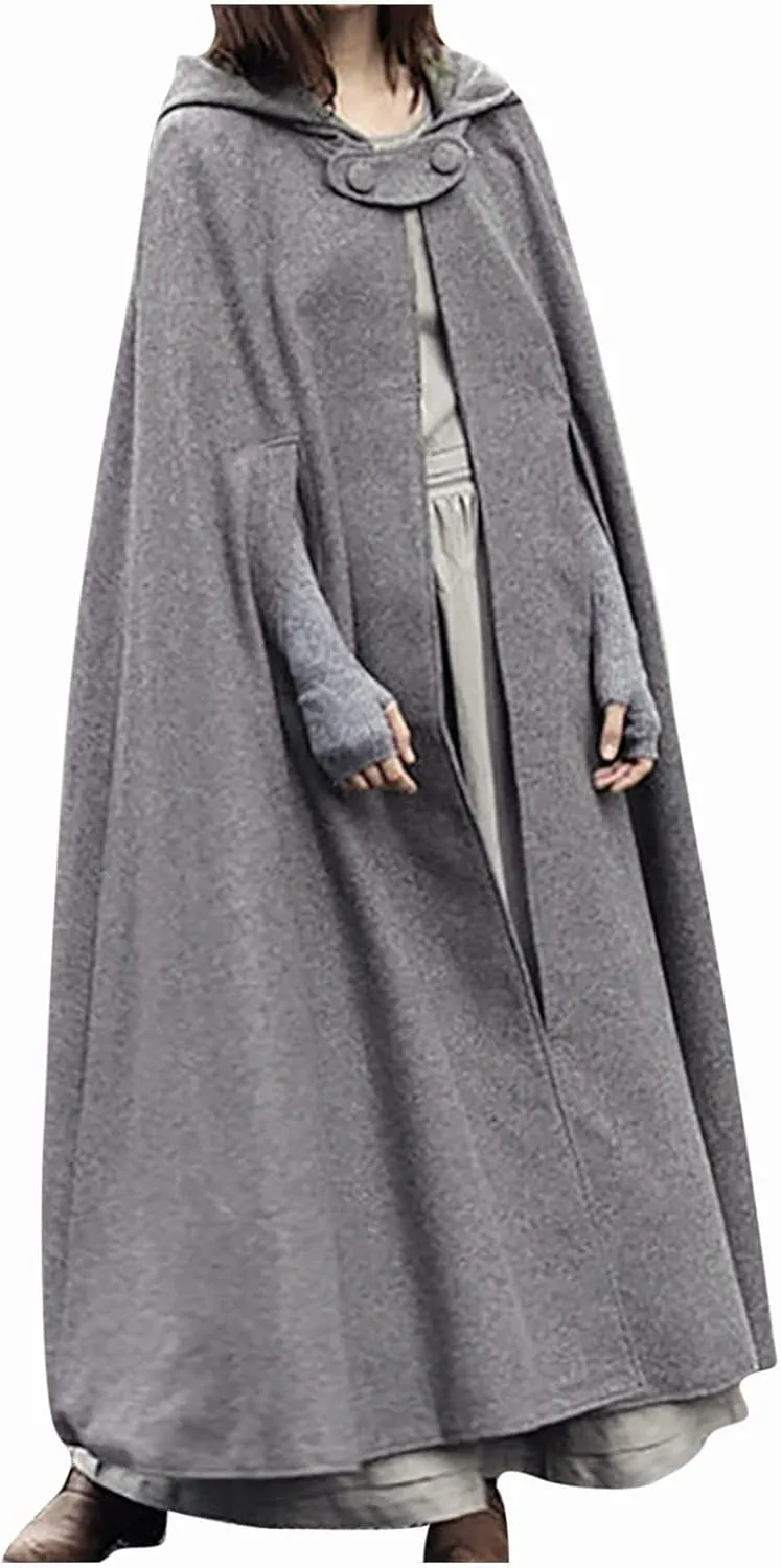 Women Winter Long Cape Coat Renaissance Victorian Jacket Cloak Hood Vintage Casual Robes Cosplay Halloween Costume
