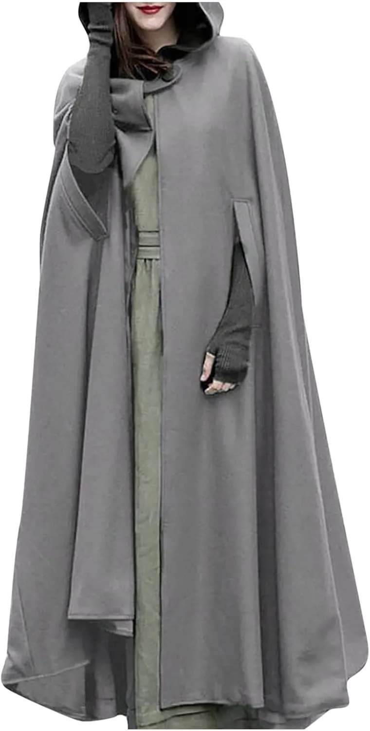 Women Winter Long Cape Coat Renaissance Victorian Jacket Cloak Hood Vintage Casual Robes Cosplay Halloween Costume