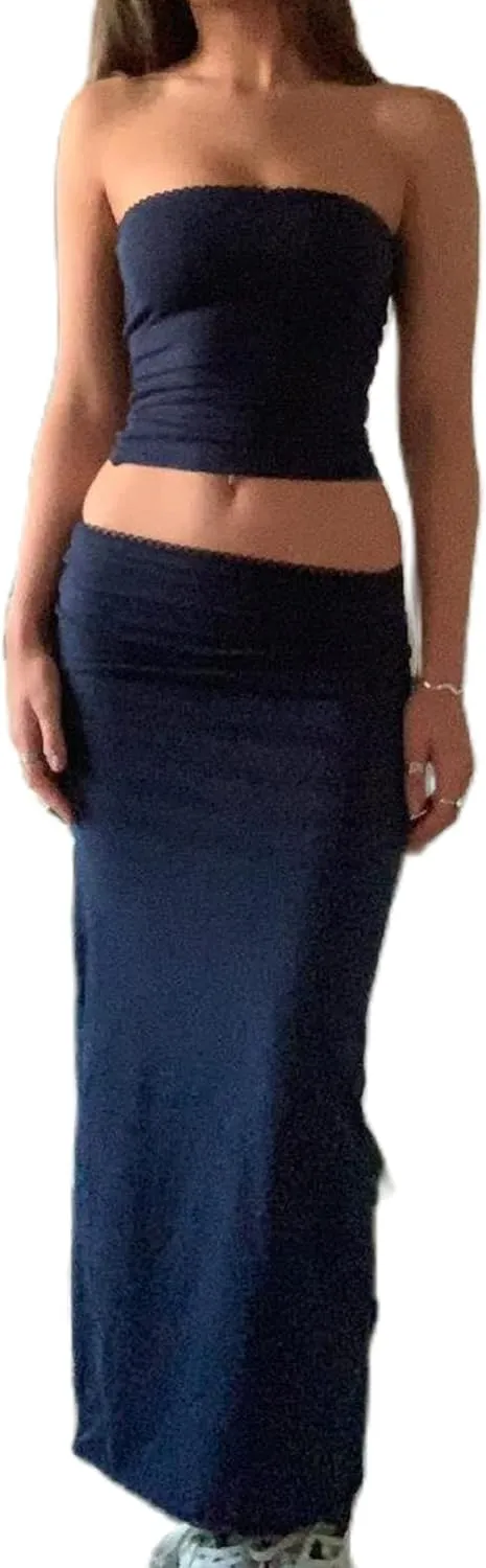 Women Y2k 2 Piece Skirt Set Low Cut Slim Fit Crop Top Low Waist Bodycon Maxi Skirt Outfit Summer Clubwear