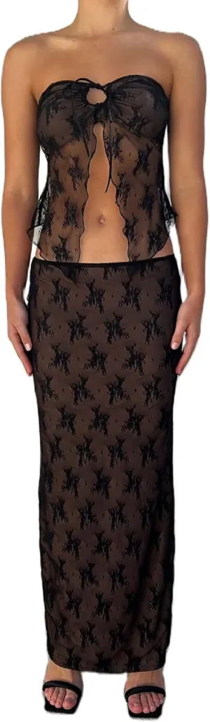 Women Y2k 2 Piece Skirt Set Low Cut Slim Fit Crop Top Low Waist Bodycon Maxi Skirt Outfit Summer Clubwear