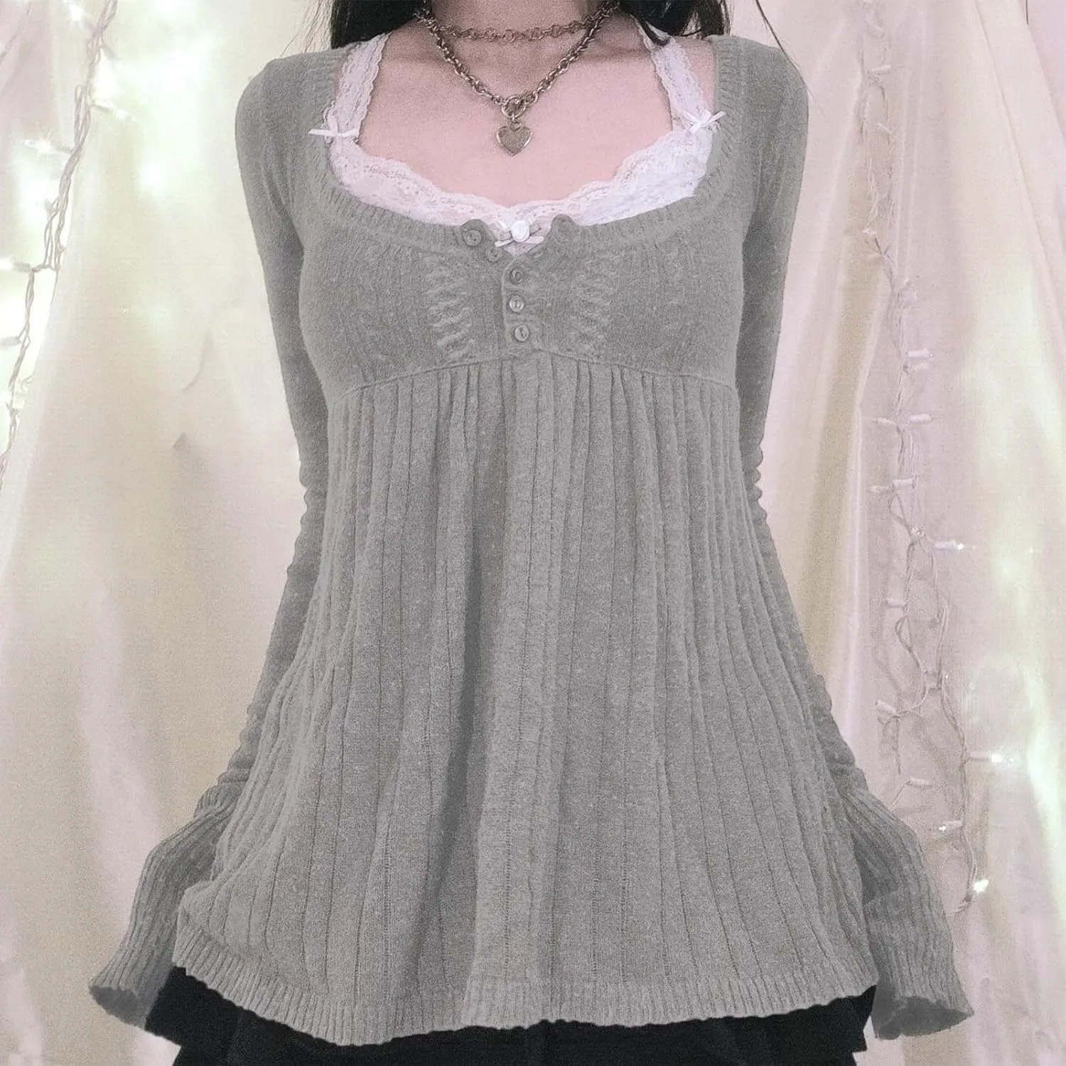 Women Y2K Babydoll Sweater Flare Hem Fairycore Shirt Blouse Long Sleeve Scoop Neck Sweet Cute Knit Top 2000s