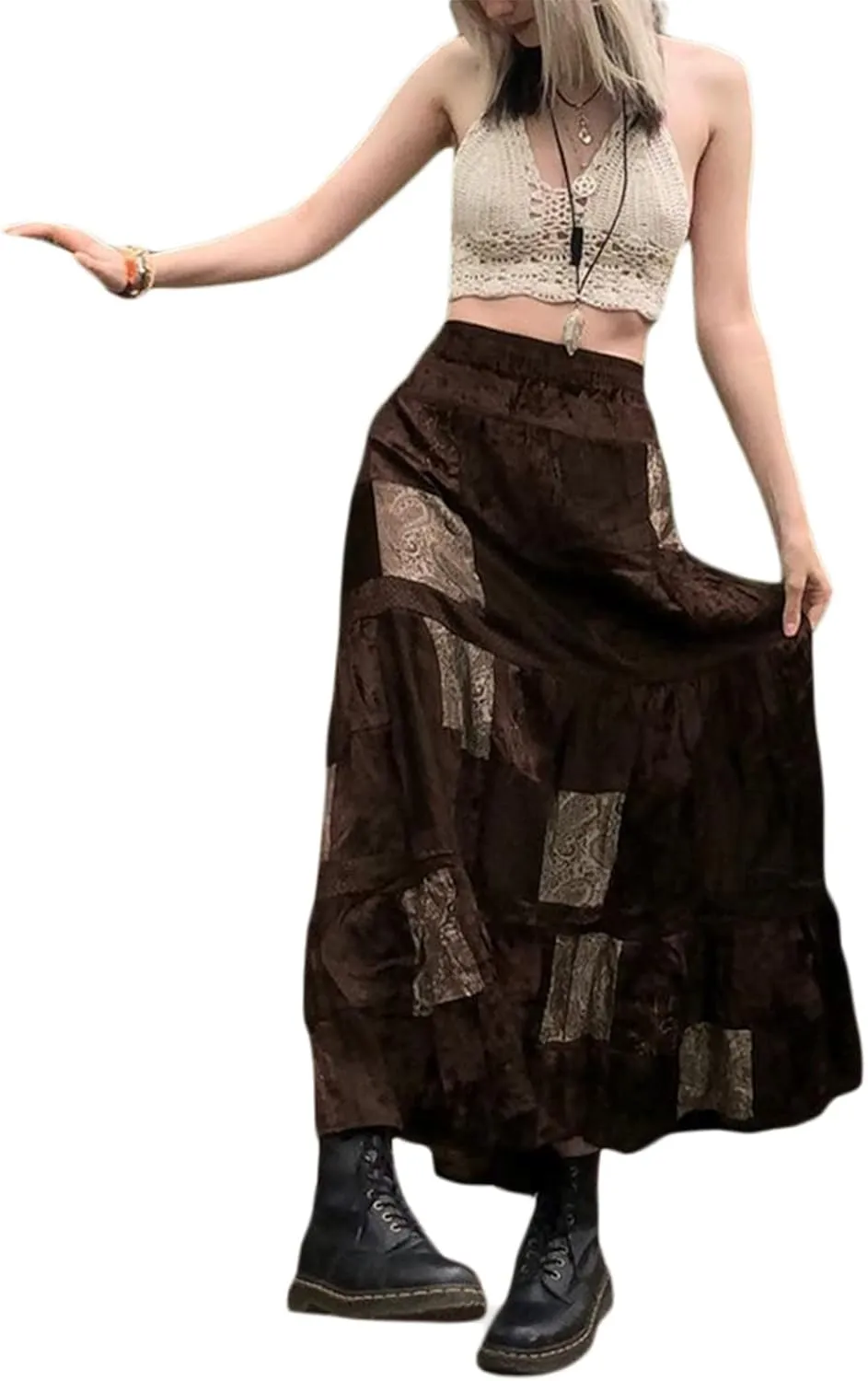 Women Y2K Fairy Grunge Midi Skirt Floral Print Vintage High Waist A Line Long Skirts Boho Fashion Streetwear