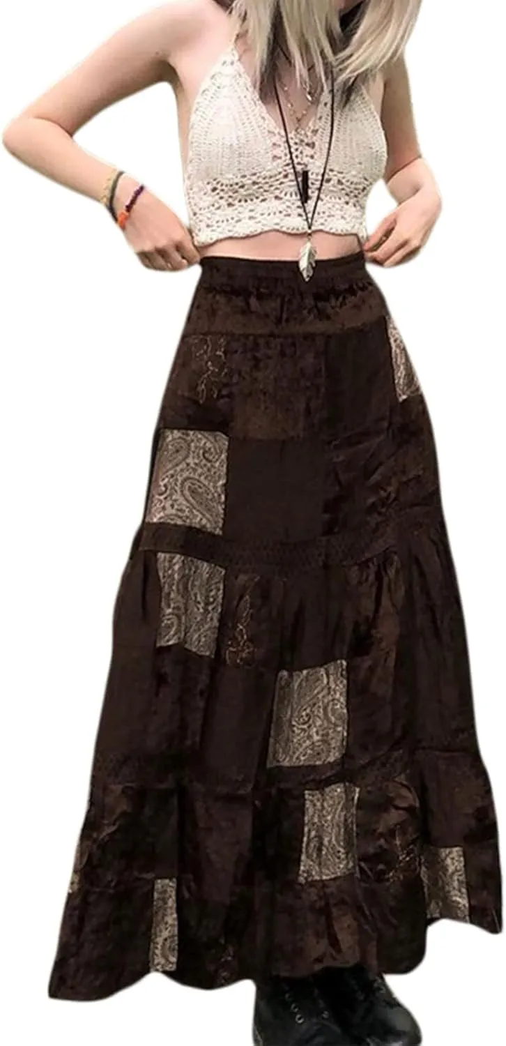 Women Y2K Fairy Grunge Midi Skirt Floral Print Vintage High Waist A Line Long Skirts Boho Fashion Streetwear