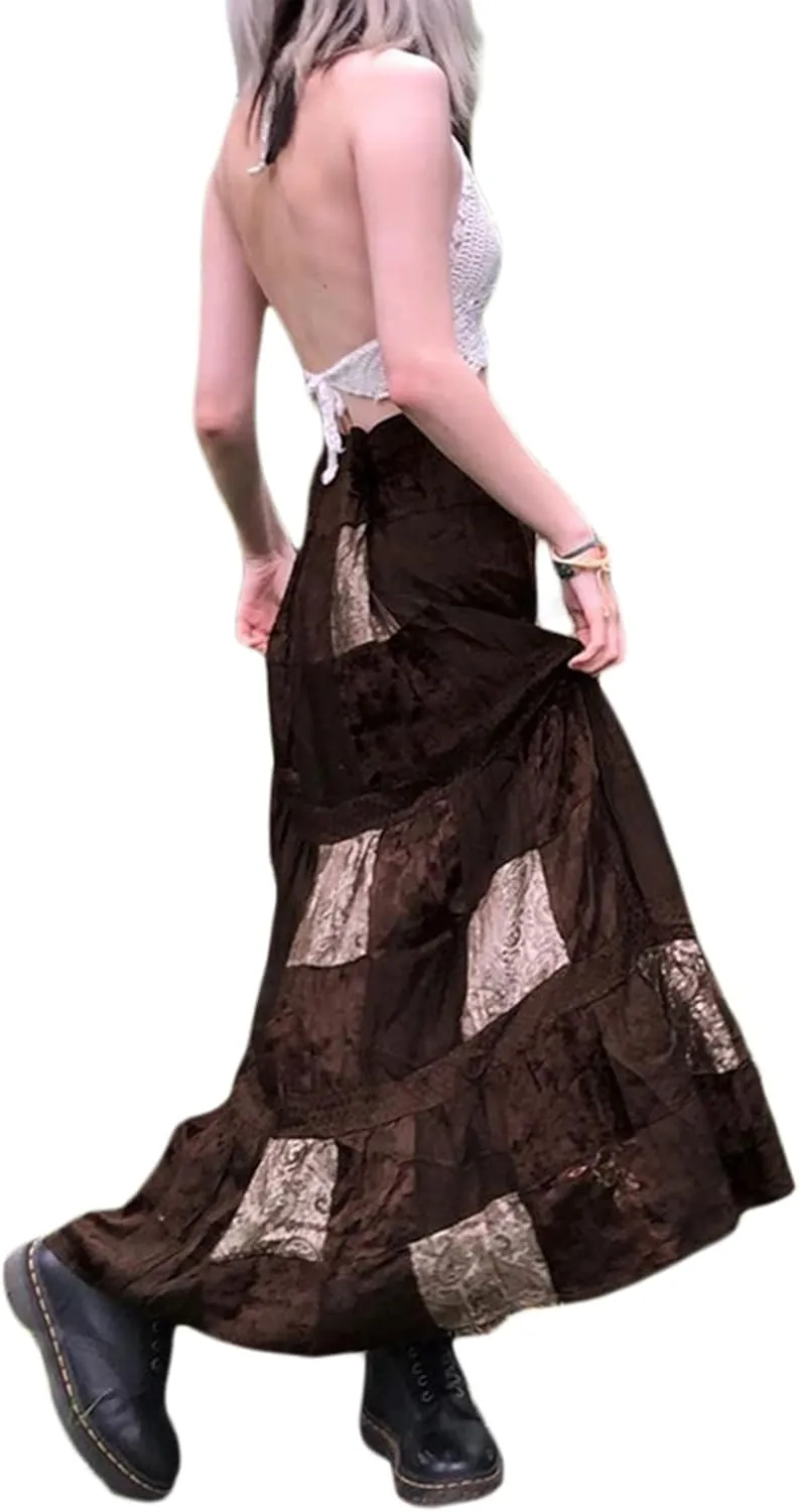 Women Y2K Fairy Grunge Midi Skirt Floral Print Vintage High Waist A Line Long Skirts Boho Fashion Streetwear
