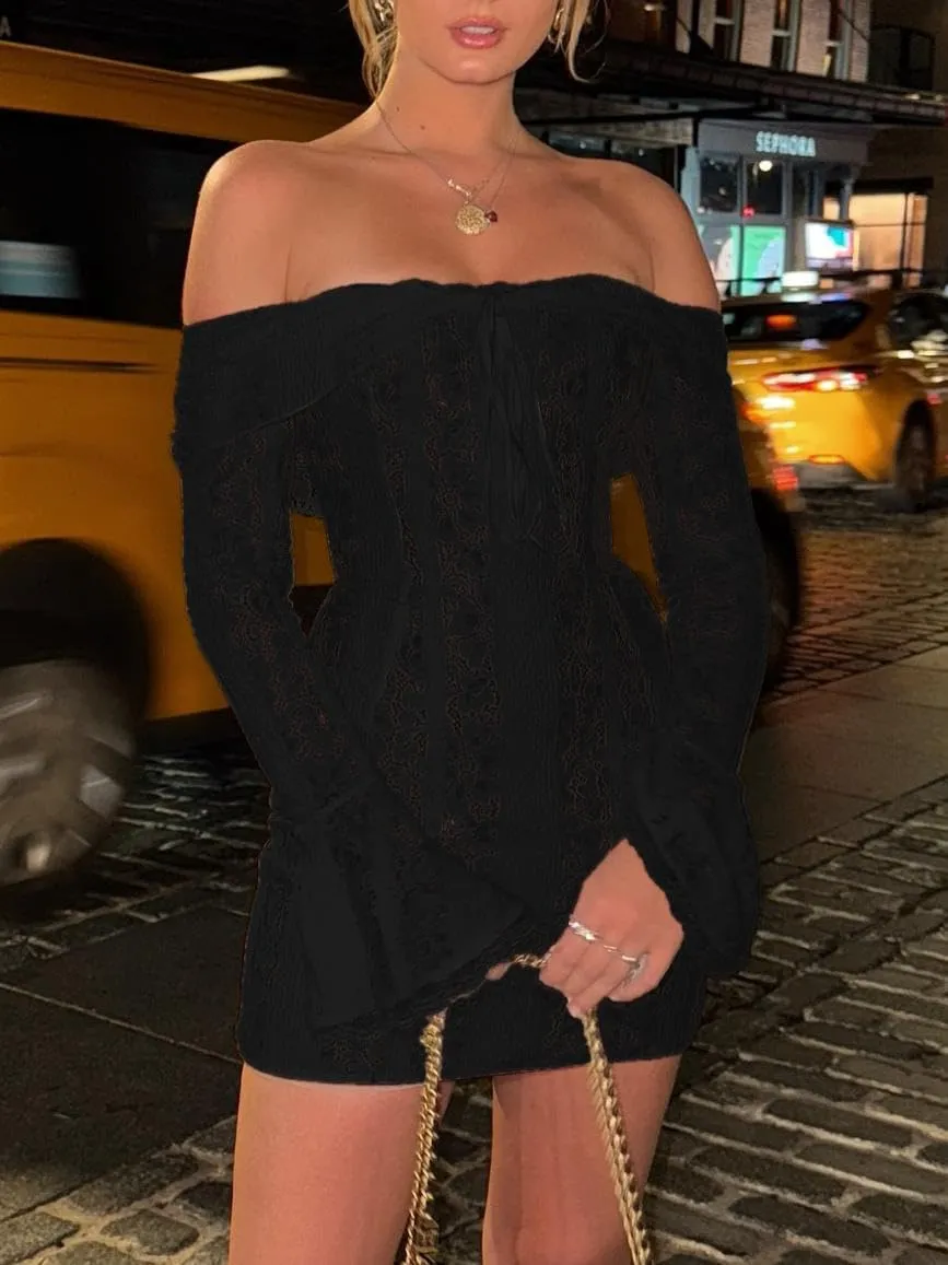 Women Y2k Lace Long Sleeve Short Dress Vintage Off Shoulder Mini Dress Ruffle Flowy Bodycon Dress