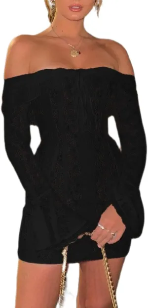 Women Y2k Lace Long Sleeve Short Dress Vintage Off Shoulder Mini Dress Ruffle Flowy Bodycon Dress