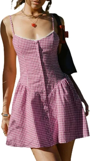 Women Y2k Plaid Cami Dress Spaghetti Strap Backless Gingham Mini Dress Cute Lace Patchwork Short Babydoll Dress