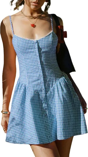 Women Y2k Plaid Cami Dress Spaghetti Strap Backless Gingham Mini Dress Cute Lace Patchwork Short Babydoll Dress