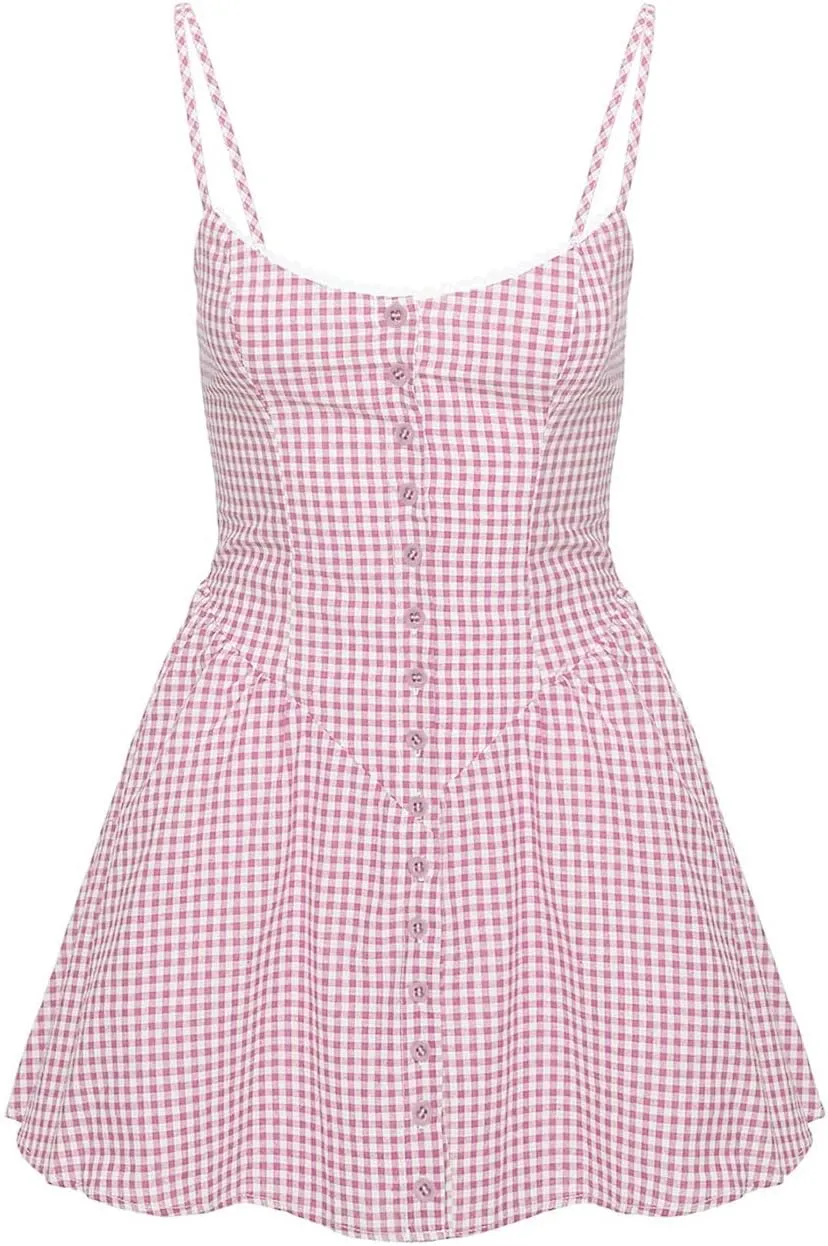 Women Y2k Plaid Cami Dress Spaghetti Strap Backless Gingham Mini Dress Cute Lace Patchwork Short Babydoll Dress