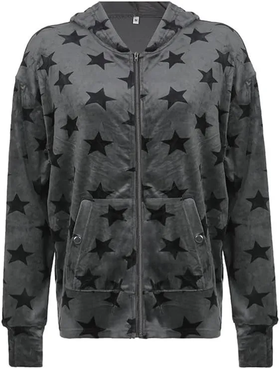 Women Y2k Star Print Hoodie Zip Up Oversized Sweatshirt Fairy Grunge Aesthetic Baggy Jacket Hurajuku Streetwear