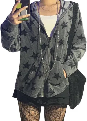 Women Y2k Star Print Hoodie Zip Up Oversized Sweatshirt Fairy Grunge Aesthetic Baggy Jacket Hurajuku Streetwear