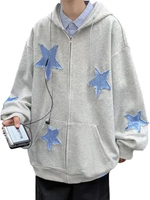 Women Y2k Star Print Hoodie Zip Up Oversized Sweatshirt Fairy Grunge Aesthetic Baggy Jacket Hurajuku Streetwear