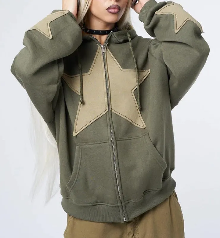 Women Y2k Star Print Hoodie Zip Up Oversized Sweatshirt Fairy Grunge Aesthetic Baggy Jacket Hurajuku Streetwear
