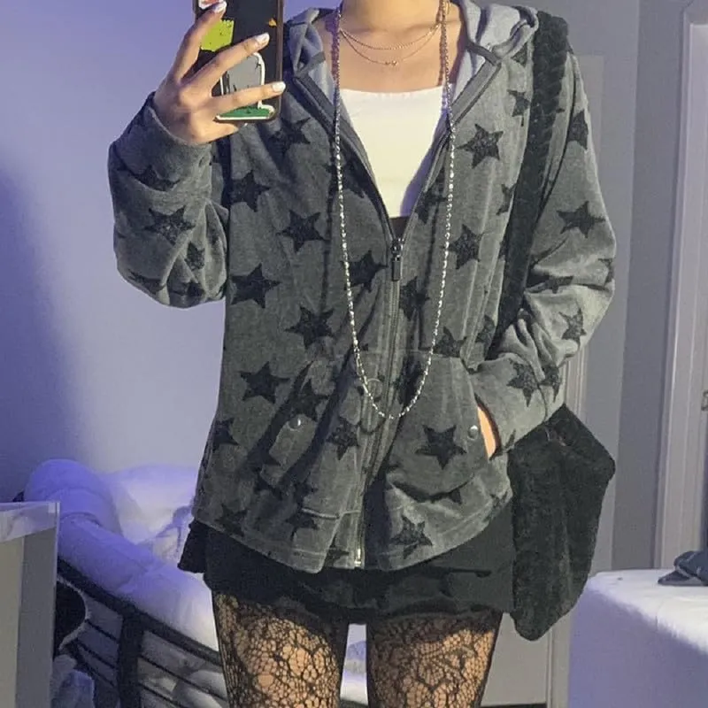 Women Y2k Star Print Hoodie Zip Up Oversized Sweatshirt Fairy Grunge Aesthetic Baggy Jacket Hurajuku Streetwear