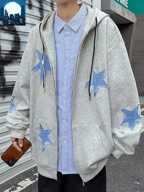Women Y2k Star Print Hoodie Zip Up Oversized Sweatshirt Fairy Grunge Aesthetic Baggy Jacket Hurajuku Streetwear
