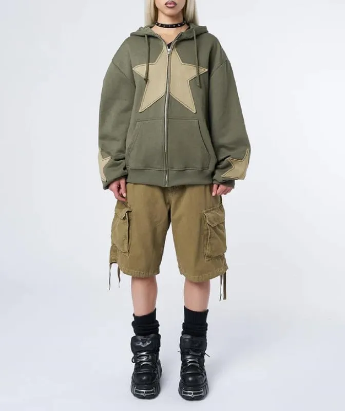 Women Y2k Star Print Hoodie Zip Up Oversized Sweatshirt Fairy Grunge Aesthetic Baggy Jacket Hurajuku Streetwear