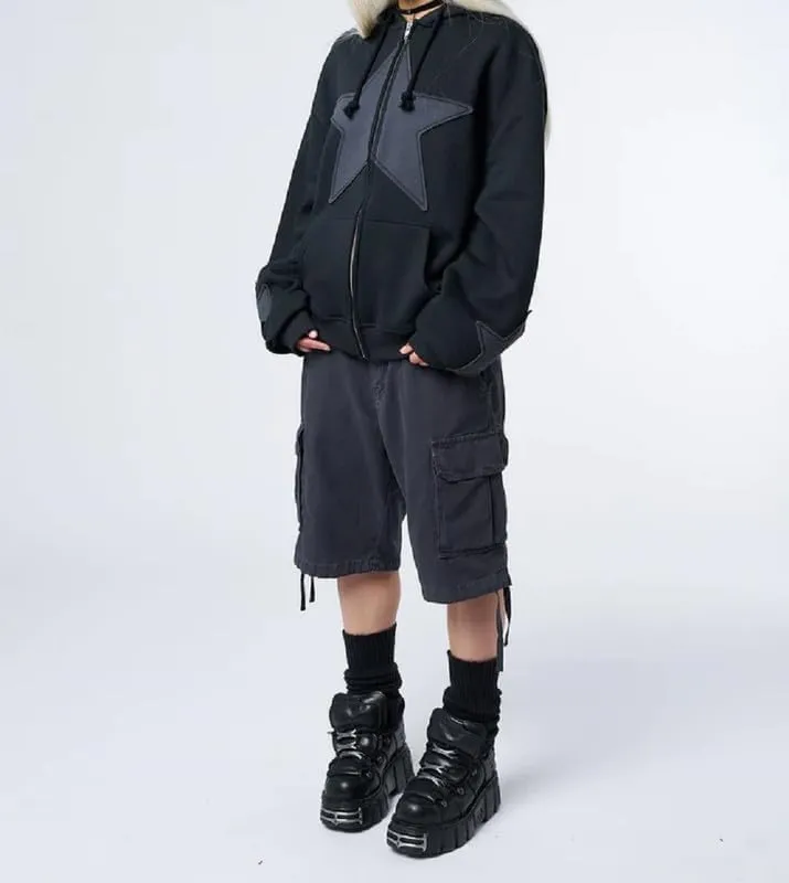 Women Y2k Star Print Hoodie Zip Up Oversized Sweatshirt Fairy Grunge Aesthetic Baggy Jacket Hurajuku Streetwear